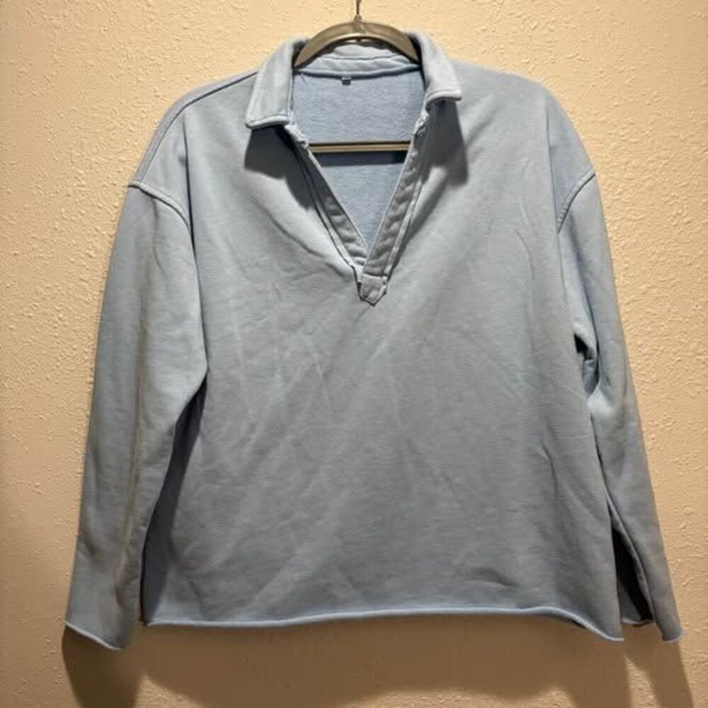 Baby Blue French Terry Lounge Set - Raw Hem Pullover & Drawstring Bottoms (Mediu